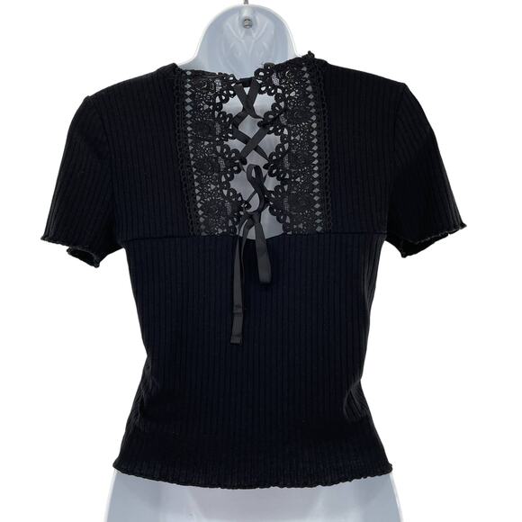 American Rag Black Lace Up Back Short Sleeves RIb Knit Top XS - Picture 3 of 7